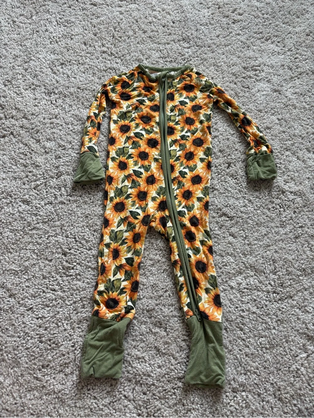 Sunflower Print Kids Footed Pajamas with Olive Trim